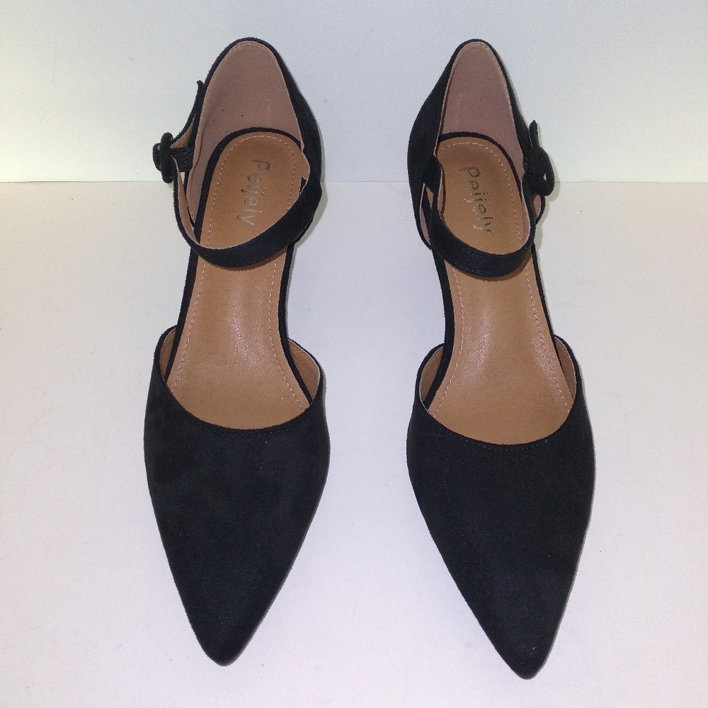 Women's Elegant Black Faux Suede Ankle Strap Kitten Heel Pumps-Size EU 42/US 10 - Picture 2 of 12